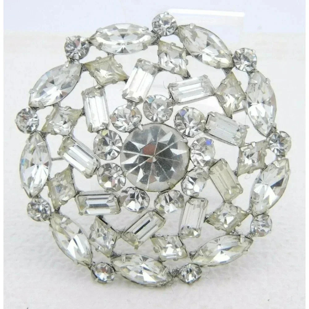 VTG Large Silver Tone Clear Rhinestone Flower Wedding Bridal Pin Brooch